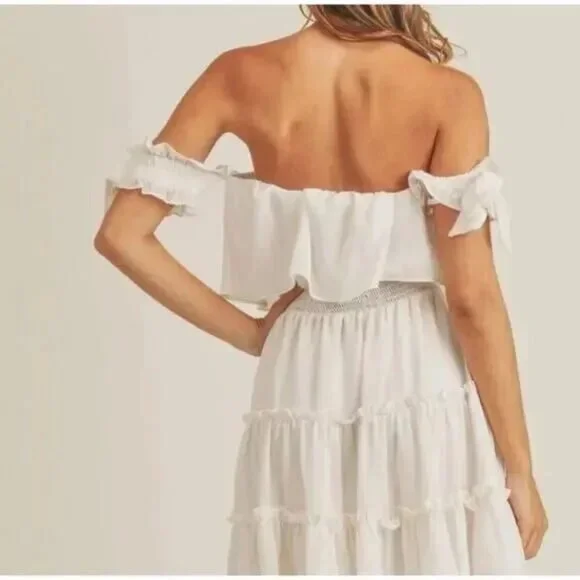 MABEL by ANTHROPOLOGIE Rayna Boho Off Shoulder Tiered Mini Sundress Cream L - Picture 2 of 6